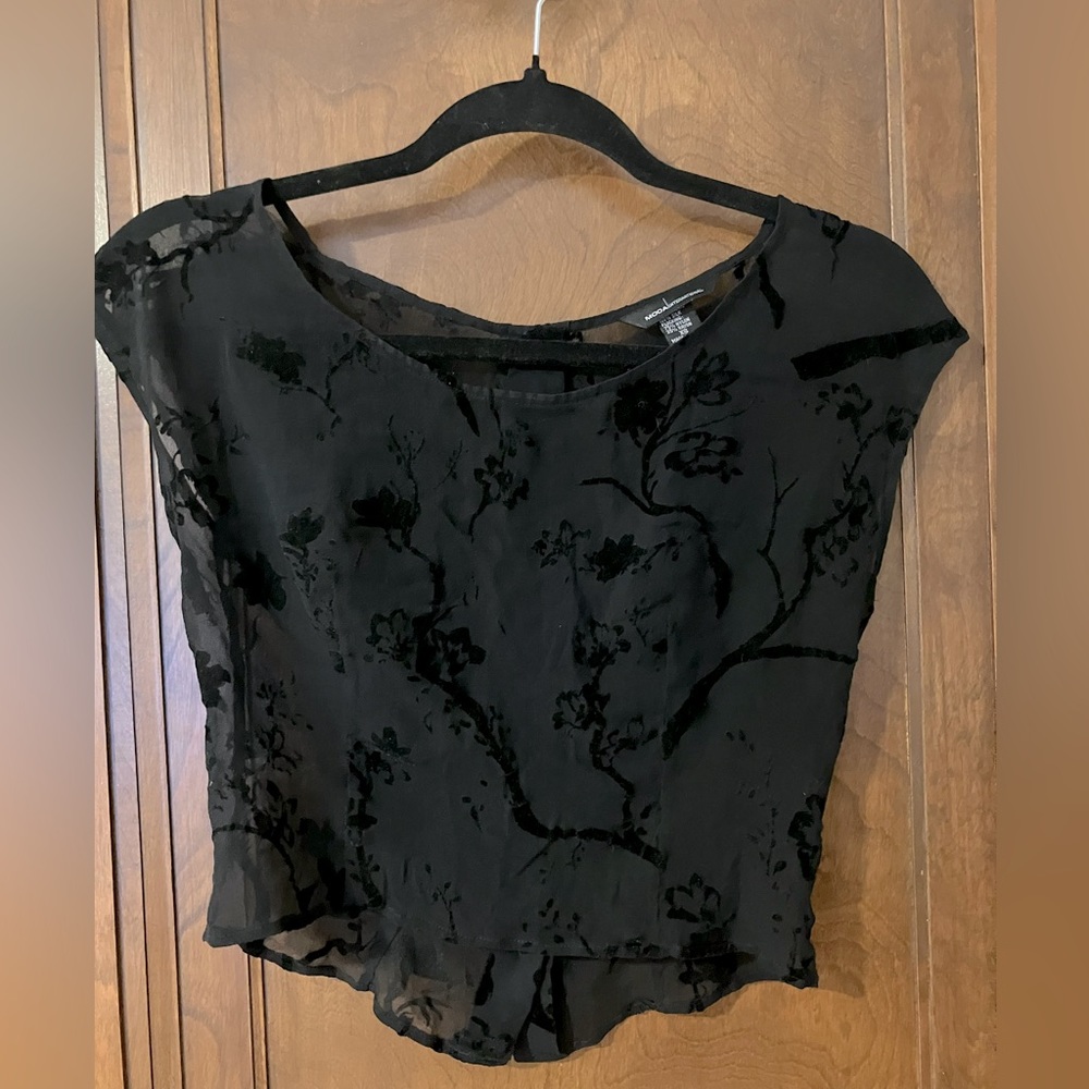NWOT Moda International Black Lace See Through Cropped Shirt~ Button Up Back